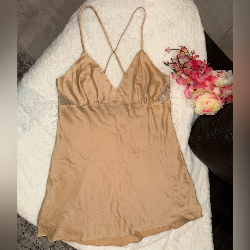NWT Rya Collection Tan Satin Chemise with Lace Accents Size Large